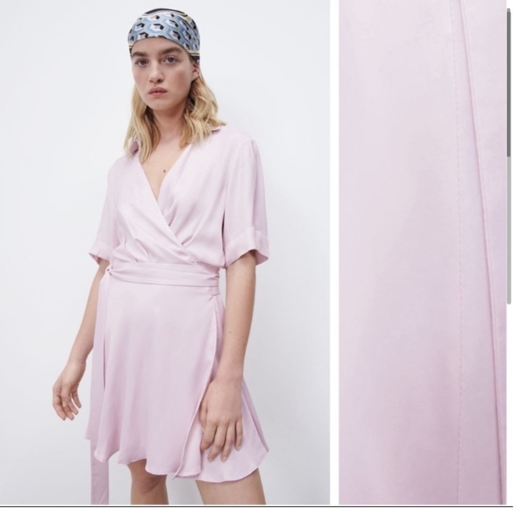 NWOT. Zara Light Mauve Satin Mini Wrap Dress. Size S.